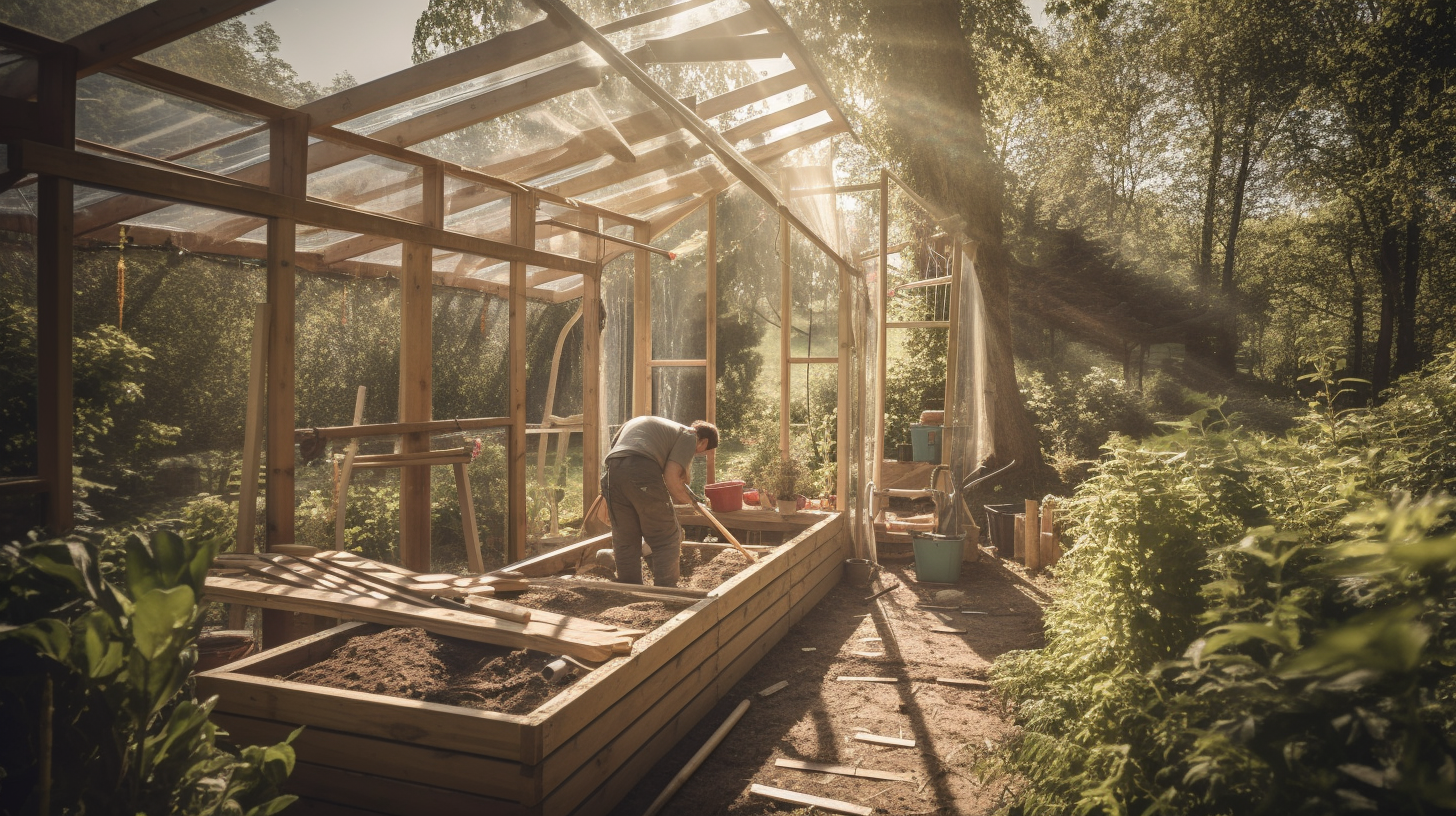 a man setting up the framing of the greenhouse