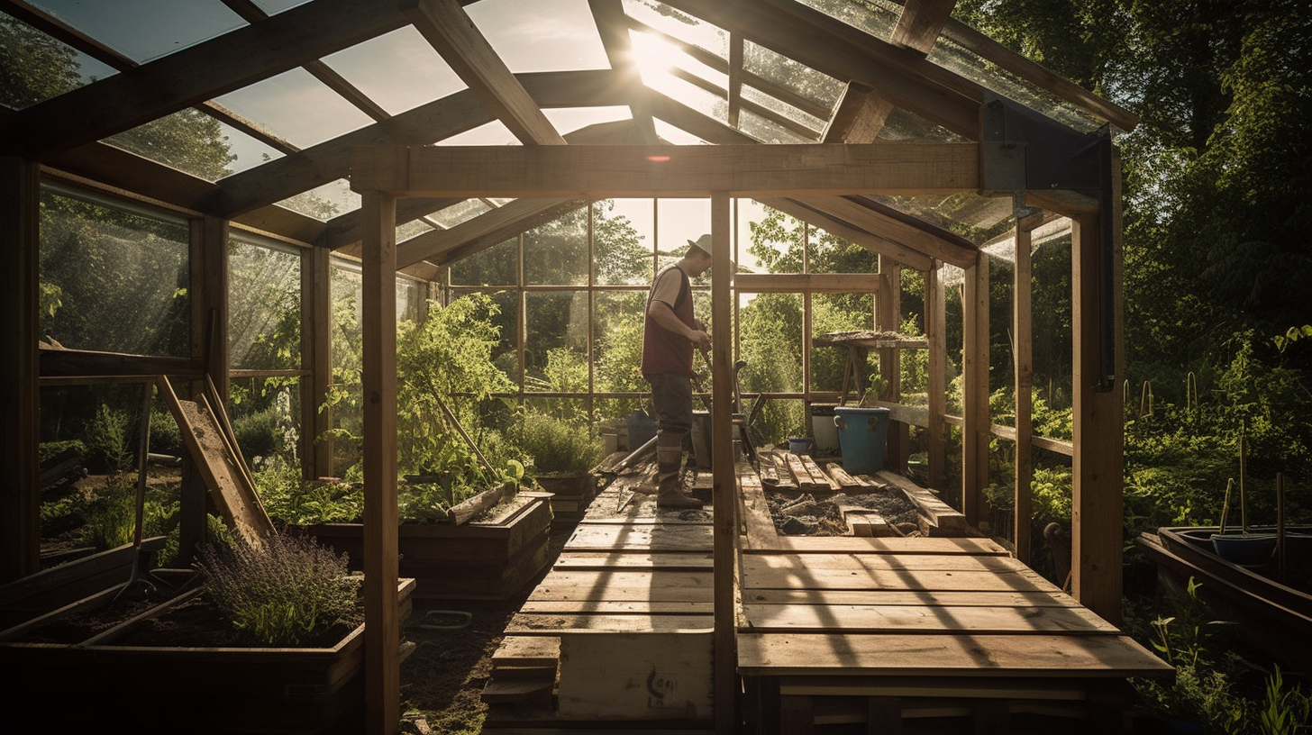 a man setting up the framing of the greenhouse