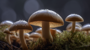a close up shot of a z strain mushroom species on a bed of moss