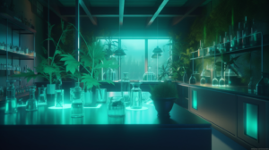 A futuristic laboratory where scientists are researching and innovating CBD oil extraction methods