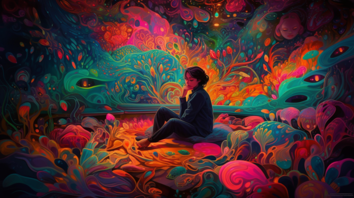 A mesmerizing psychedelic therapy session with a person lying on a cushioned floor, surrounded by vibrant swirling patterns of neon colors, as if they are immersed in a cosmic kaleidoscope, the person wearing a serene expression, their body radiating an aura of tranquility and enlightenment