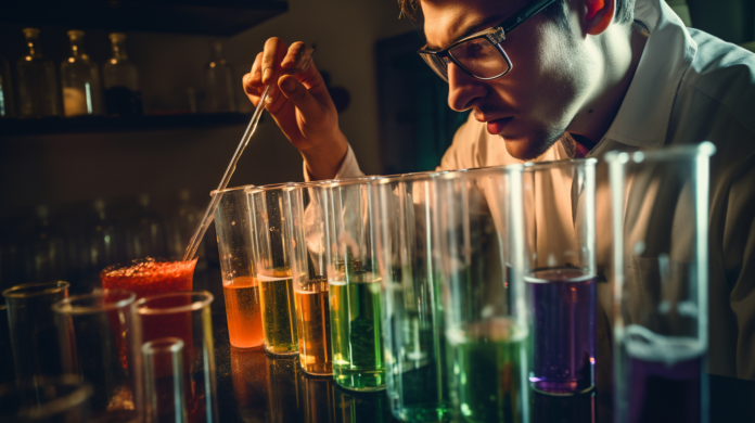 A person in a modern laboratory, wearing a white lab coat and protective goggles, meticulously conducting cannabis experiments with test tubes filled with colorful liquids