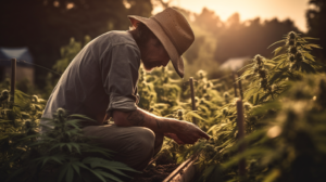 a farmer tending to the outdoor autoflower cannabis plants with care