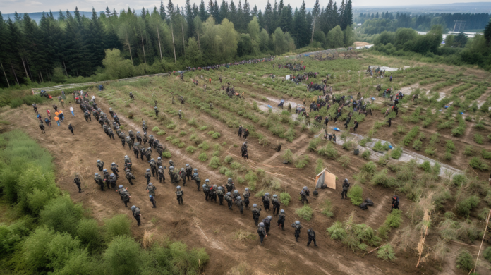 A tense standoff between cannabis growers and law enforcement officers in a dense marijuana field