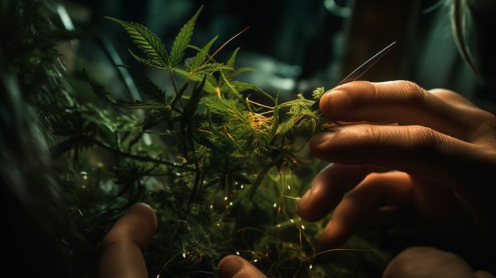 An intimate close-up photograph capturing a person delicately trimming a cannabis plant