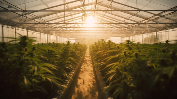 Cannabis plants thriving in a state-of-the-art greenhouse, bathed in warm natural light