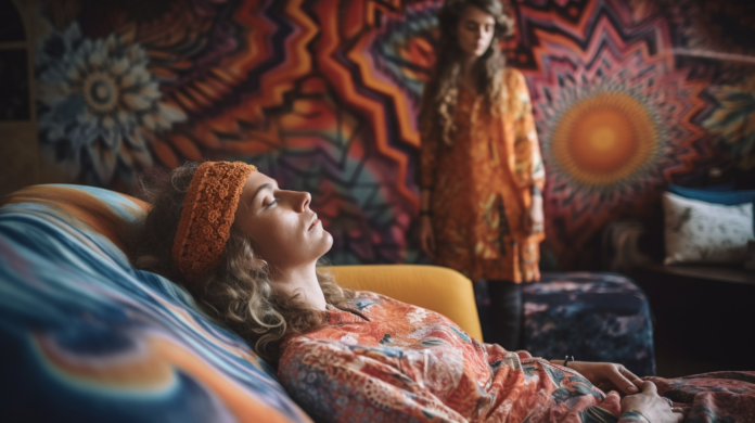 a woman lying down on a couch during a psychedelic therapy